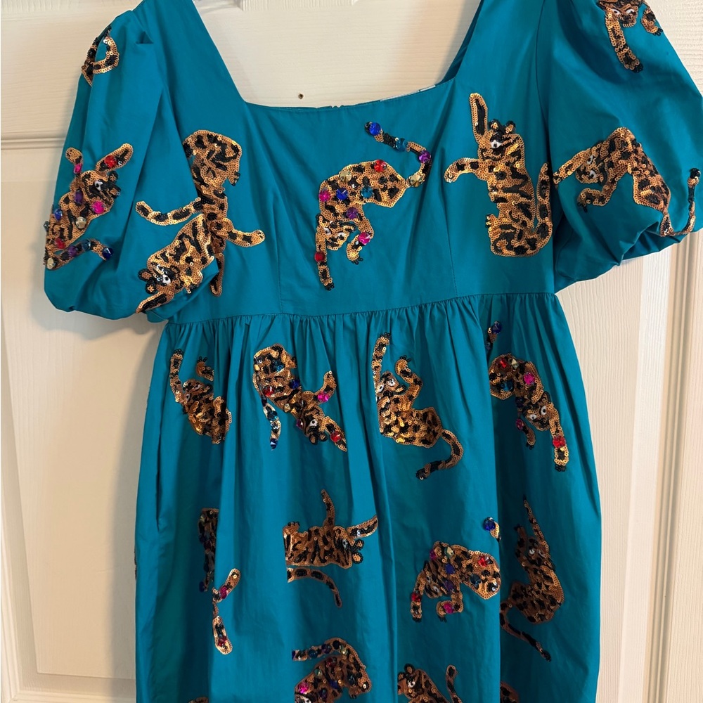 QUEEN OF SPARKLES Teal Mini Dress with Gold Leopard Sequin Appliqué